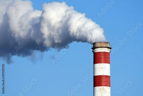 Fototapeta White smoke is coming out of a large red and white industrial chimney against a clear blue sky, symbolizing pollution and environmental concerns