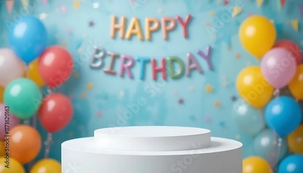 Fototapeta White Tabletop Showcase with Vibrant Birthday Party Atmosphere