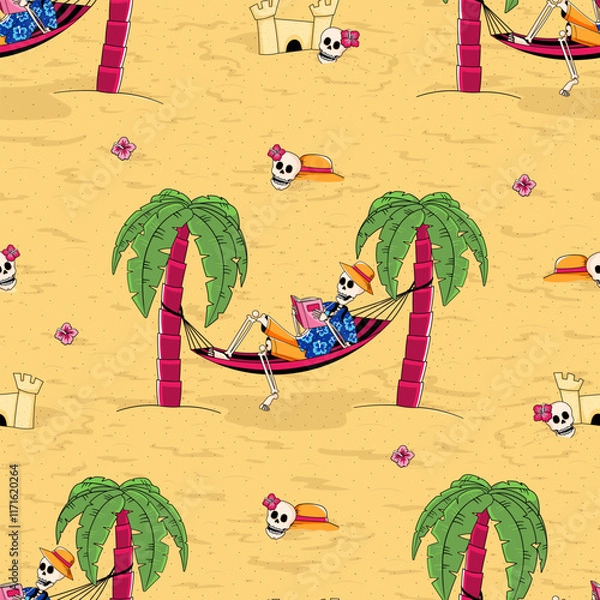 Fototapeta Seamless pattern featuring skeletons reading book on a beach