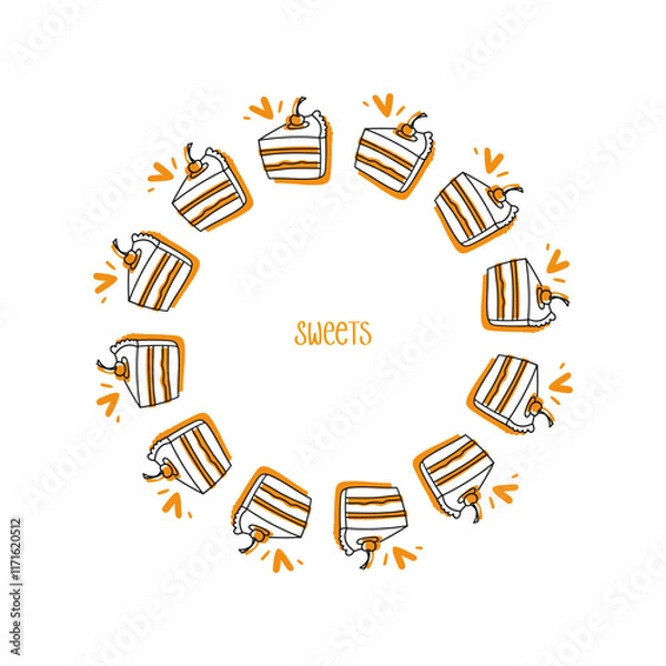 Fototapeta Decorative round frame with pieces of cake. Doodle style. Linear drawing. Sweet frame.