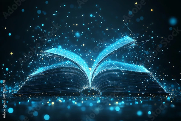 Fototapeta Glowing wireframe illustration of an open book with pages spread, highlighted by blue and black data points on a transparent background, symbolizing knowledge and digital learning.

