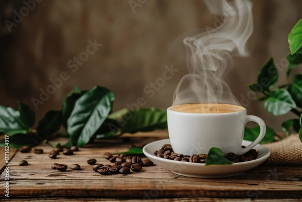 Fototapeta Freshly Brewed Espresso in a Coffee Cup with Creamy Swirl, Surrounded by Roasted Coffee Beans for a Rich Coffee Experience