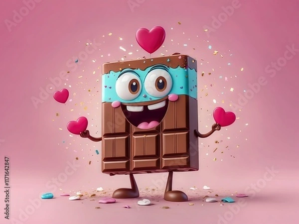 Obraz Cartoon chocolate bar character holding hearts on pink pastel background. 
