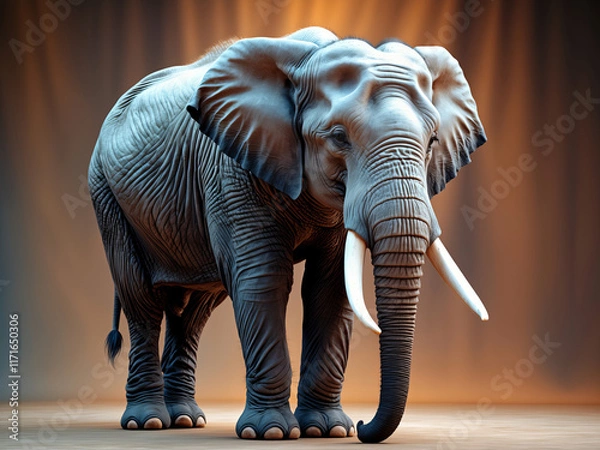 Fototapeta A stunning elephant with large tusks standing gracefully under dramatic lighting, set against a textured backdrop that highlights its powerful presence.

