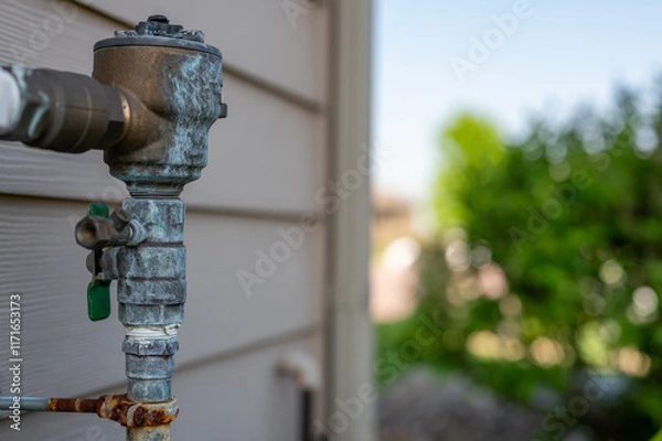 Fototapeta Rusted outdoor water sprinkler backflow preventer on the side of a residential house