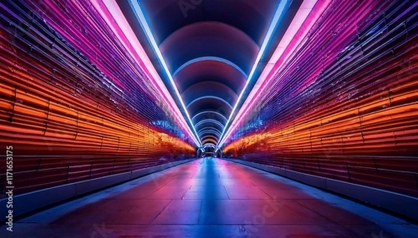 Fototapeta A neon-lit tunnel with vibrant pink and orange lights creating an electrifying futuristic atmosphere