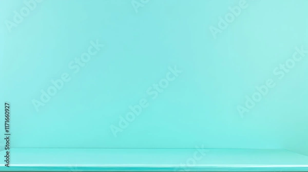 Fototapeta Minimalist turquoise backdrop featuring a clean, empty shelf, ideal for product displays or presentations.  Perfect for showcasing items against a serene, calming background.