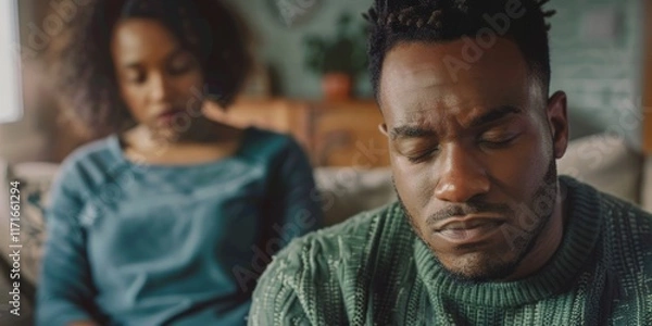 Fototapeta Struggles of a man facing relationship challenges, emotional turmoil, and stress during a conflict with a distressed partner in a troubled home