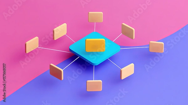 Fototapeta A colorful graphic illustrating a central platform with connected elements, symbolizing networking or data organization.