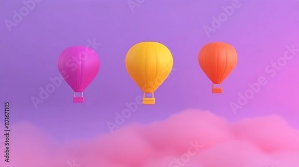 Fototapeta Three colorful hot air balloons float above fluffy clouds against a vibrant purple background, creating a whimsical and serene atmosphere.