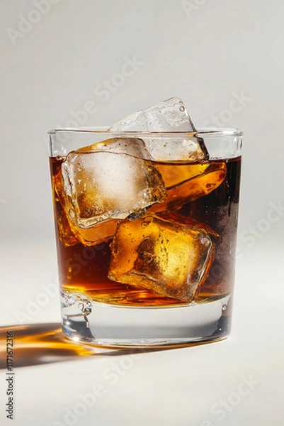 Fototapeta A glass of whiskey with ice cubes in it