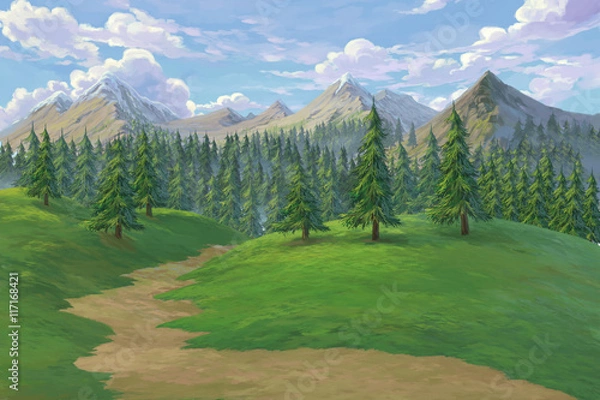 Obraz Pine forest mountain painted illustration background