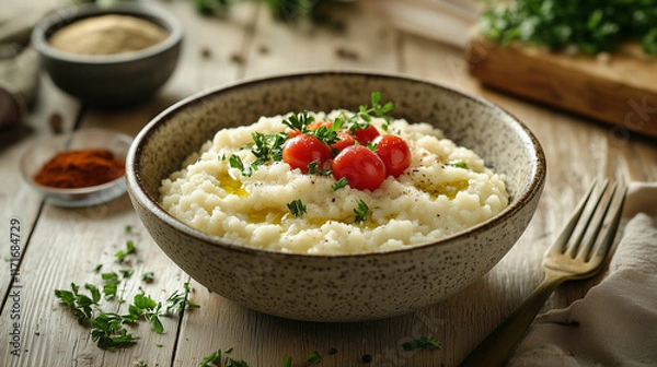 Fototapeta fluffy couscous served in a rustic ceramic bowl, garnished with fresh parsley, cherry tomatoes, and a drizzle of olive oil, placed on a wooden table with a small bowl of spices and a fork nearby