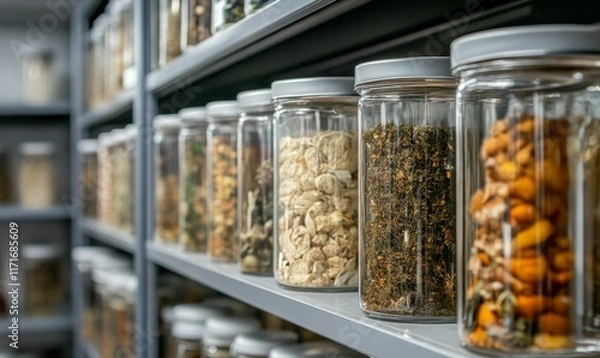 Fototapeta Glass jars filled with dried botanicals on shelves.