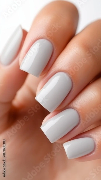 Obraz Perfectly manicured light grey square nails shine with a glossy finish, showcasing a sleek and modern look. The blurred background enhances the focus on the beautifully shaped nails.