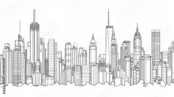Fototapeta Outline illustration of a city skyline featuring various tall buildings and structures.