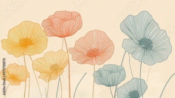 Fototapeta A soft illustration of colorful flowers with delicate lines and pastel hues.