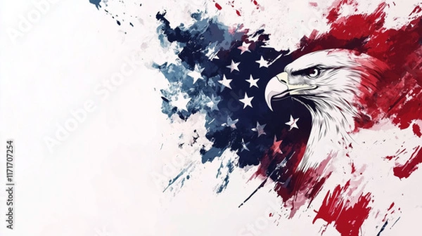 Fototapeta Abstract vector background with a bald eagle head and American flag in white, red, blue, and white colors. This design could be used for an American national day or as a symbol of U.S. power, suitable