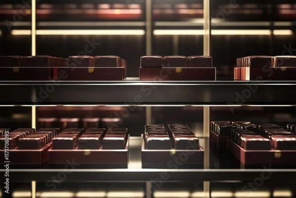 Fototapeta A luxurious product display of gourmet chocolates, arranged neatly in elegant boxes on polished metal shelves, with soft lighting accentuating their rich textures.