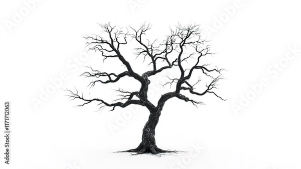 Fototapeta Solitary tree with intricate branches stands out against stark w