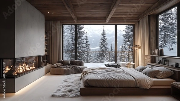 Fototapeta Modern Mountain View Bedroom With Fireplace And Large Window