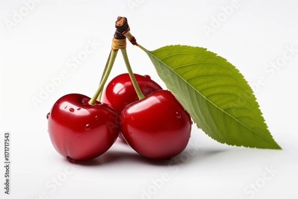 Fototapeta Fresh red cherries with green leaves on a white background, perfect for summer recipes and healthy snacks.
