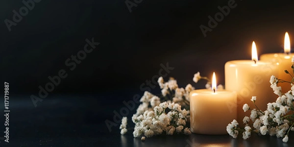 Obraz Burning Candles with White Flowers on Dark Background
