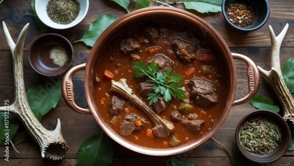 Obraz Copper pot of venison goulash with rustic accents