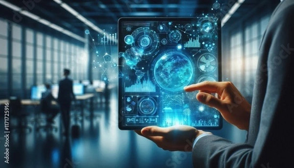 Fototapeta Holographic futuristic interface, floating digital screens, hands interacting with technology, glowing cyan graphics, data visualization, transparent display, augmented reality, high-tech user experie