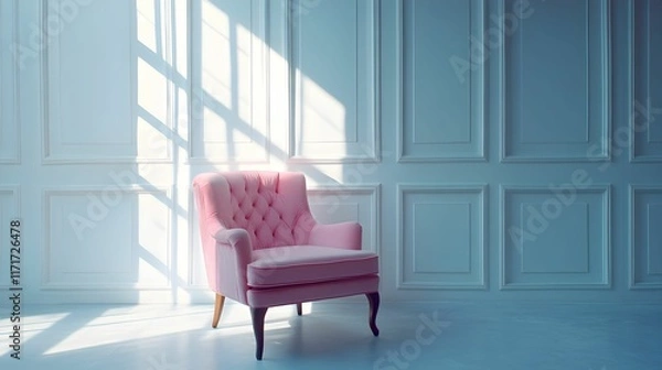 Fototapeta Elegant pink armchair positioned in a bright, minimalistic room with natural light