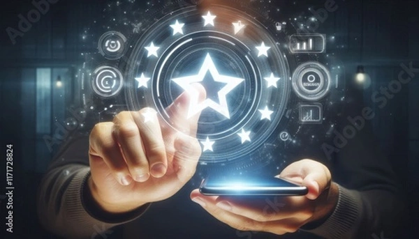 Fototapeta Digital tablet, holographic interface, futuristic technology, glowing blue icons, hands interacting, global network, data visualization, interconnected symbols, dark background, business analytics, sm