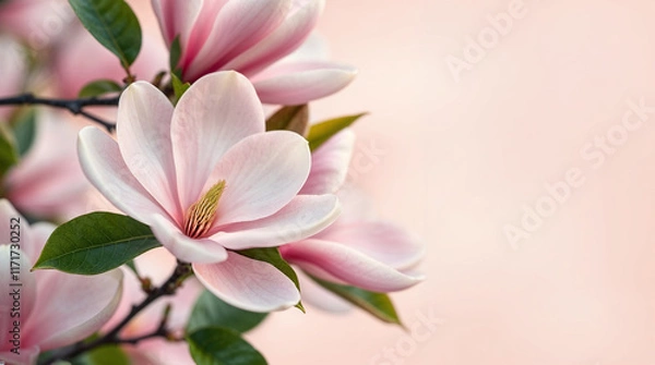 Fototapeta Pink magnolia blossoms on pastel pink background, Spring, spring birthday, invitation concept. Space for text.