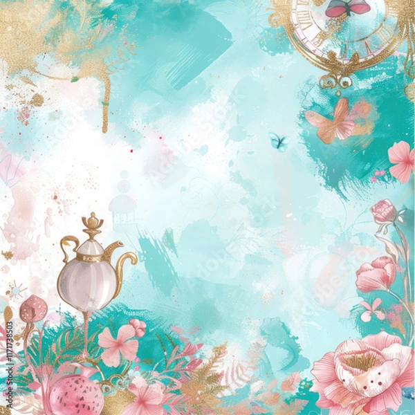Fototapeta watercolor Alice in wonderland theme background, in pink, turquoise and gold colors,.    