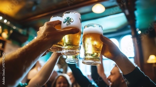 Fototapeta Group of adults toasting with glasses of beer in a pub celebration saint patrick's day