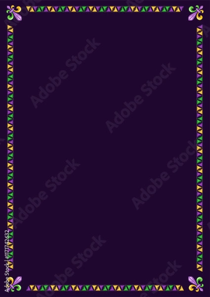Fototapeta Vertical rectangular frame made with triangular pennants garlands, Fleur de Lis sign in the corners. For Mardi Gras holiday decoration in vintage style. Template for menu, poster, invitation