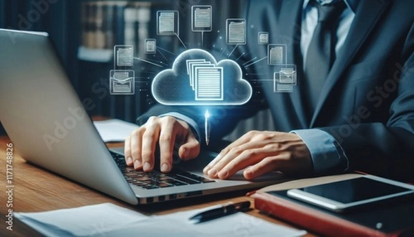 Fototapeta Hands typing on laptop keyboard, holographic cloud computing icons floating above, dark office setting, futuristic technology concept, blue glowing digital symbols, cybersecurity visualization, close-