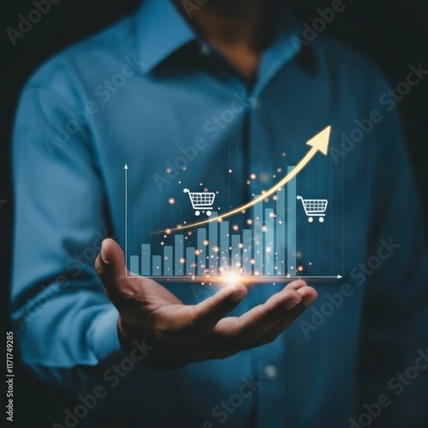 Fototapeta Digital business interface, holographic shopping cart icon, data analytics charts, glowing light in hands, businessman in blue shirt, futuristic technology, e-commerce concept, dark office background,