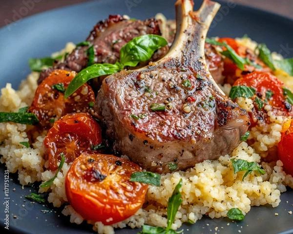 Fototapeta Lamb Chops with Tomatoes and Couscous