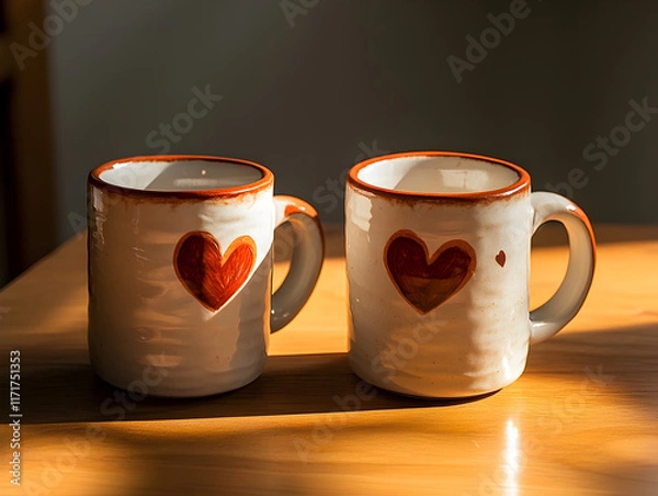 Obraz A pair of ceramic mugs with matching heart designs, placed together on a wooden table with soft light, perfect for a Valentine's Day morning coffee