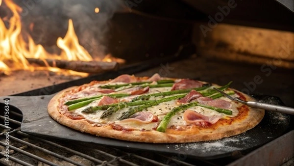 Obraz Sizzling pizza emerges from the wood-fired oven with fresh vegetables and savory toppings in a dynamic cooking atmosphere