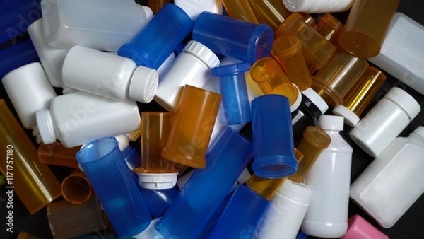 Fototapeta Medical waste. Empty pills bottles or packs for medications. Disposing empty medication containers made of plastic. Hospital waste. Pharmaceutical industry. Overbooked hospitals treatments.