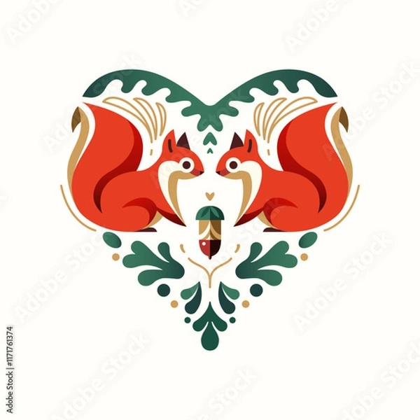 Fototapeta Decorative illustration of two squirrels in the shape of a heart, with an acorn and decorative elements. Vector Illustration. Good for greeting postcard, romantic event, Valentine's Day. 