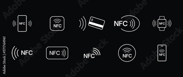 Fototapeta NFC payment icon set. Contactless wireless pay sign. NFC technology icon. Credit card nfc payment. Editable stroke. Vector line icon.