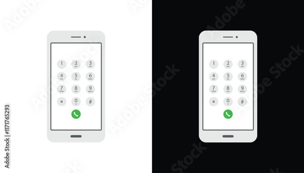 Fototapeta Smartphone dial keypad with numbers and letters. Interface keypad for touchscreen device. Dialing numbers phone on screen. Mobile phone keypad design. Light mode with white button Vector Illustration.
