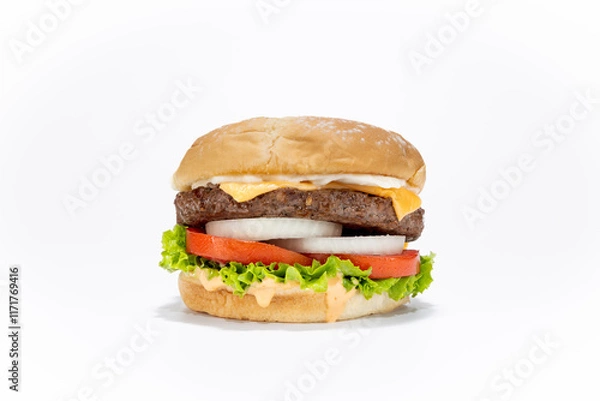 Fototapeta Hamburger sandwich isolated on white surface and background professionally photographed in studio e-commerce style.  Juicy burger with fresh ingredients and sauce drips.