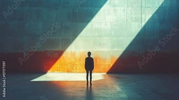 Fototapeta Silhouette of a Person Standing in a Modern Architectural Space with Sunlight Creating Dramatic Lines and Contrasting Shadows on a Concrete Background