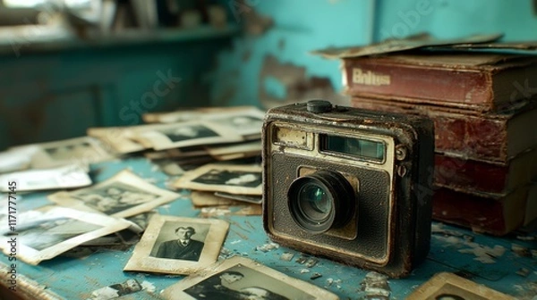 Fototapeta Vintage Camera with Photos and Developing Materials