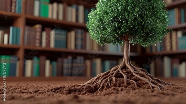 Obraz Tree with Book Roots in Library Setting