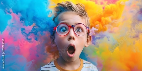 Obraz Surprised Child Boy Observing a Colorful Chemical Reaction, Capturing the Wonder and Curiosity of Science Experimentation