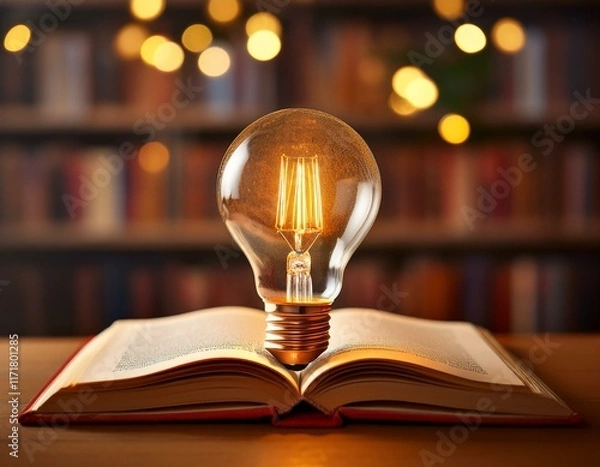 Fototapeta concept of knowledge symbolized by light bulb above open book with blurred bookshelf background and warm bokeh lights representing ideas and learning